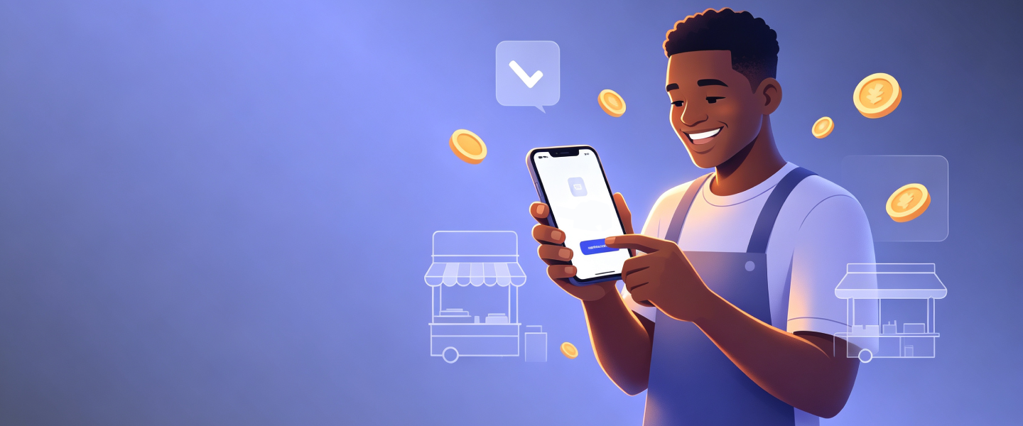 African man using mobile loan app on smartphone